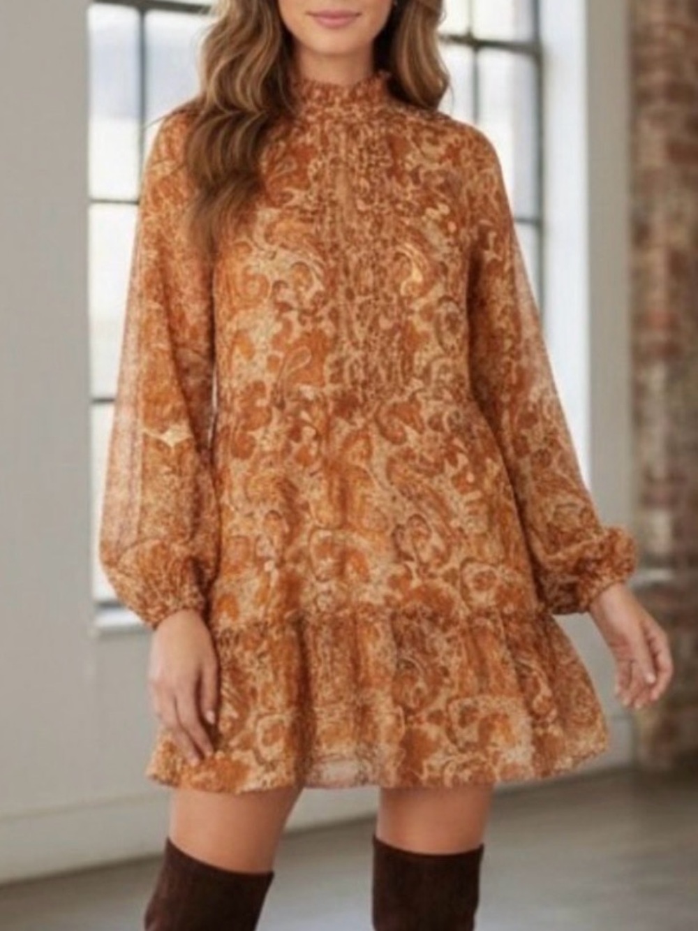 House of Harlow 1960 Rust Paisley High-Neck Mini Dress